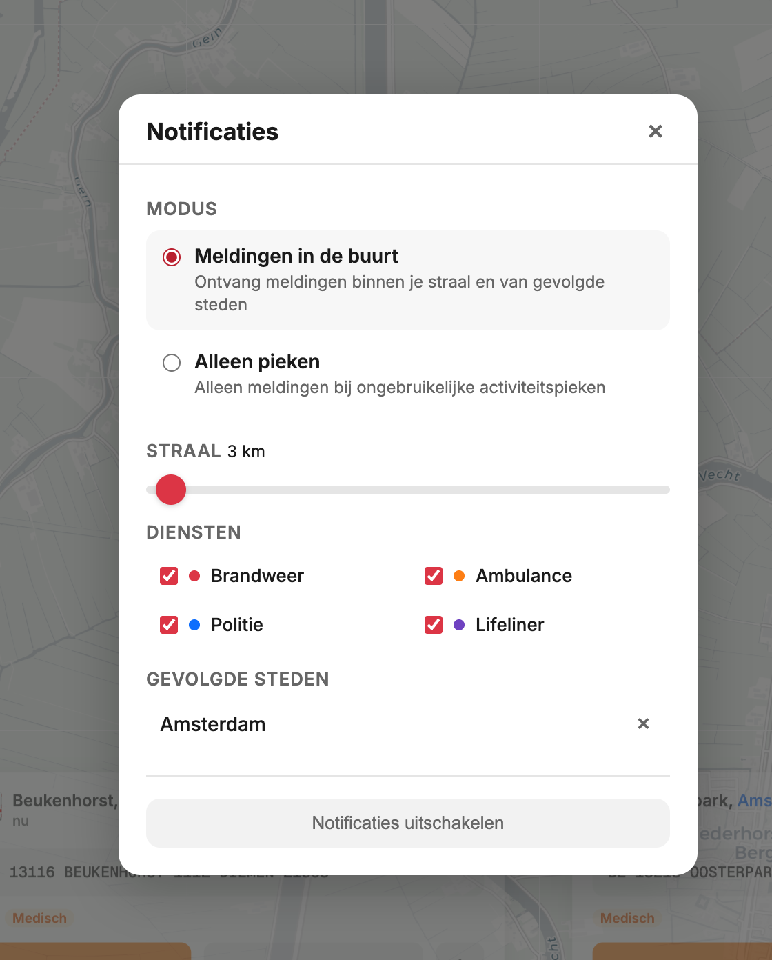 Notificatie-instellingen in Zwaailicht.nu